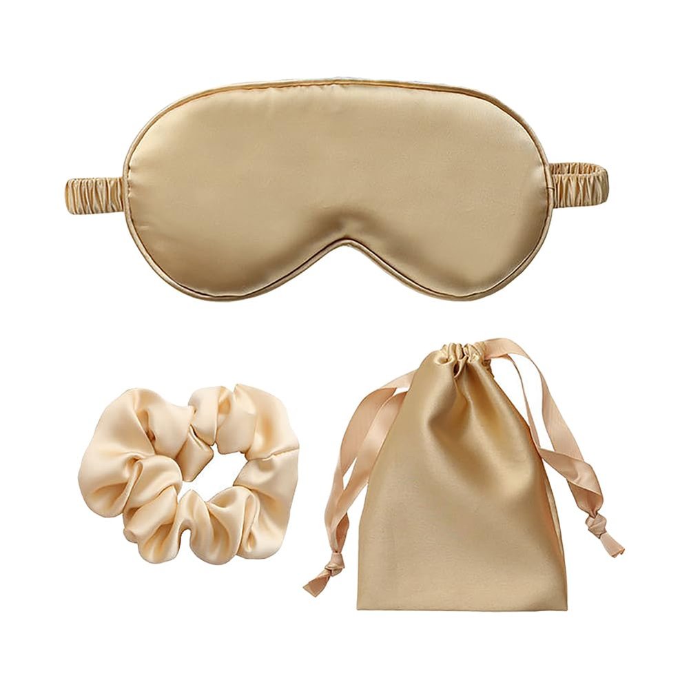 JIHUOO 3-Piece Synthetic Silk Satin Sleep Mask Set, Gold