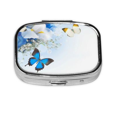 LAMAME Floral and Butterfly Print Pill Organizer, Square, 2 Compartments, Mini Travel Pill Case
