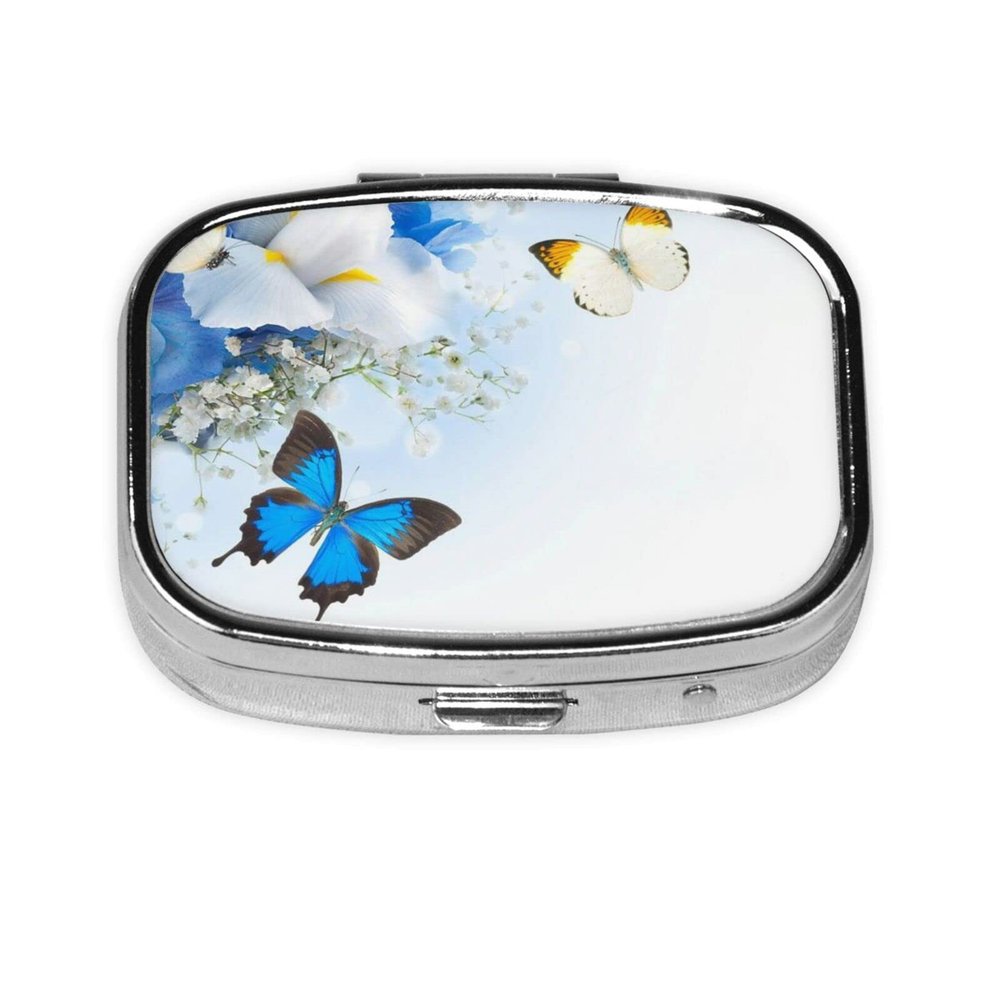 LAMAME Floral and Butterfly Print Pill Organizer, Square, 2 Compartments, Mini Travel Pill Case