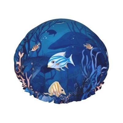 Underwater Pattern Shower Caps, Elastic, Reusable, Waterproof, Double-Layered Hair Caps for Women and Men