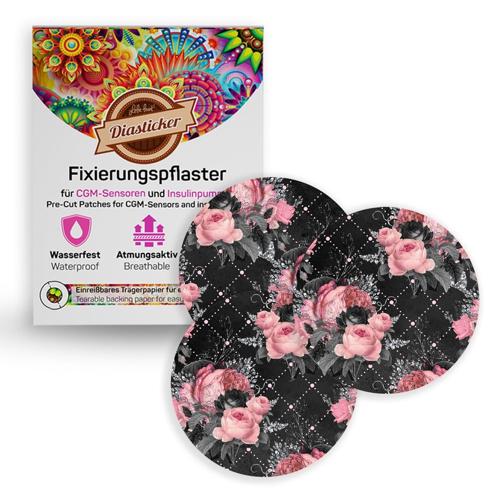 Diasticker Overpatch Fixation Tape (5 Count, Black Floral) for FreeStyle Libre 3, Dexcom G7 & Catheters