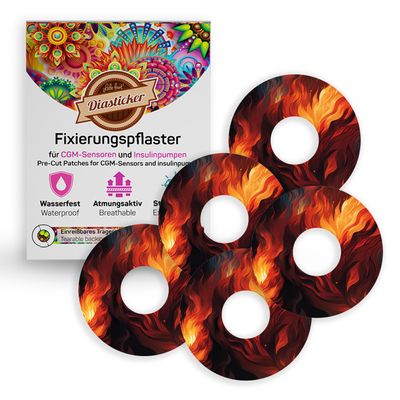 Diasticker | Patterned Patches for FreeStyle Libre 3 Sensor (5 pcs, Fire) | Waterproof, Skin-Friendly, Breathable, Strong Hold