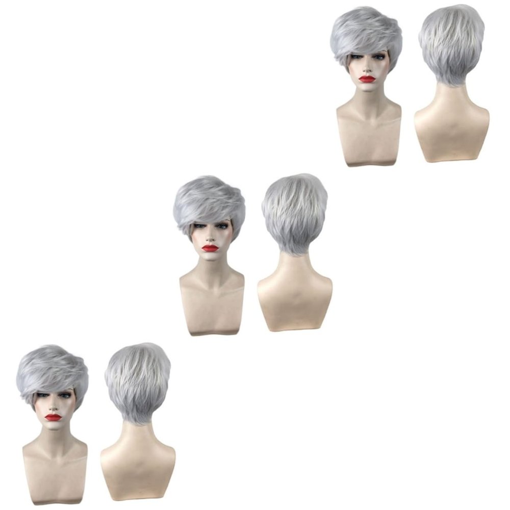 Housoutil 3-Piece Short Curly Wigs, Silver Gray
