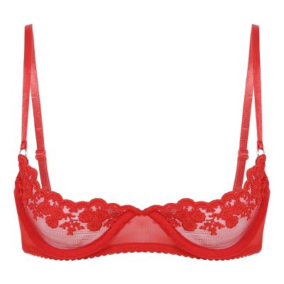 GRRKDFQ Sexy Women's Open Half-Cup Lace Bra, Red, M