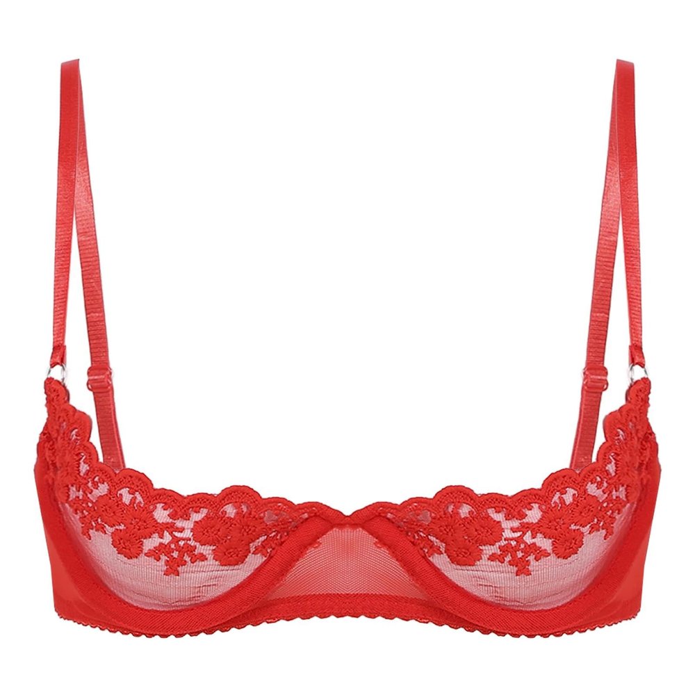GRRKDFQ Sexy Women's Open Half-Cup Lace Bra, Red, M