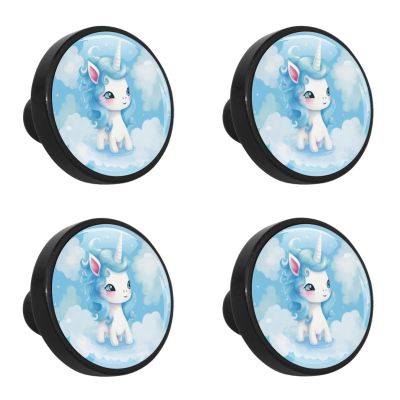 GUEROTKR Round Cabinet Knobs and Handles, 4-Piece Blue Cartoon Unicorn Set