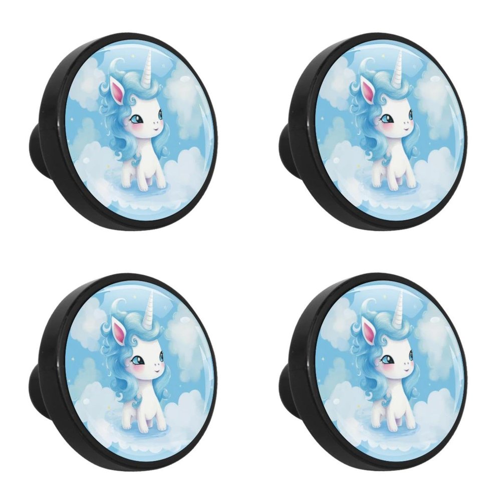 GUEROTKR Round Cabinet Knobs and Handles, 4-Piece Blue Cartoon Unicorn Set