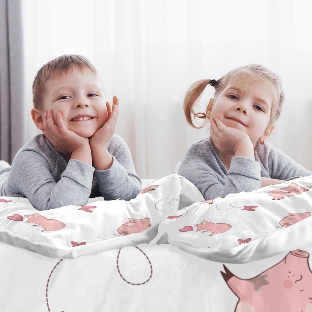 3-Piece Queen Tencel Duvet Cover Set with 2 Pillowcases, Pink Pig Playing with Butterflies