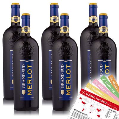 Grand Sud Merlot, Dry, Single-Variety Wine Package + VINOX Winecards (6 x 1.0 L)