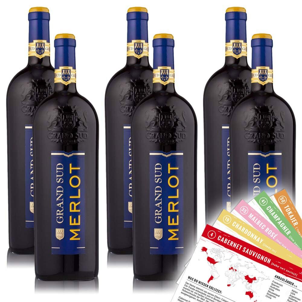 Grand Sud Merlot, Dry, Single-Variety Wine Package + VINOX Winecards (6 x 1.0 L)
