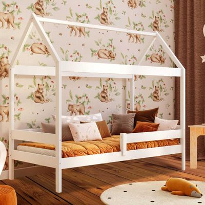 YOUKO House Bed for Children 180 x 90 cm, Pine Wood Montessori Bed with Slatted Frame and Roof, Without Mattress