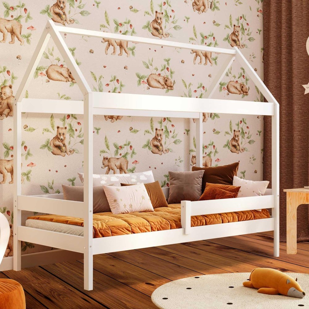 YOUKO House Bed for Children 180 x 90 cm, Pine Wood Montessori Bed with Slatted Frame and Roof, Without Mattress