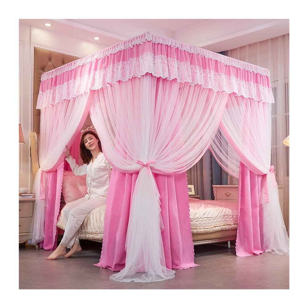 SZITW Bed Canopy Mosquito Net, Blackout and Dustproof, 4-Corner Canopy, Princess Room Decorative Bed Curtain, Pink, 200 x 220 x 200 cm