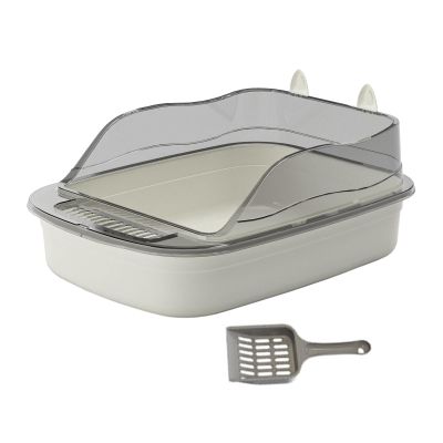 perfk Large Open Cat Litter Box with Scoop, Easy to Clean, Splash-Resistant, Gray