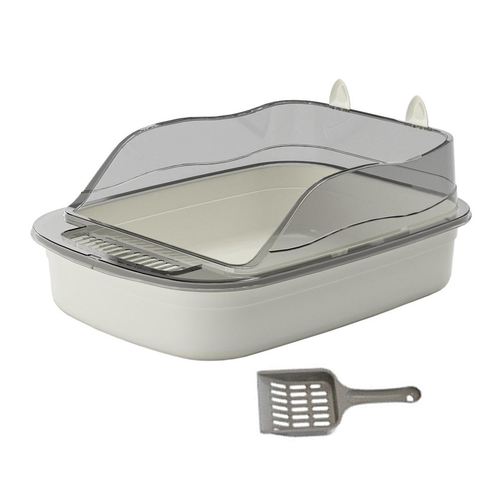 perfk Large Open Cat Litter Box with Scoop, Easy to Clean, Splash-Resistant, Gray