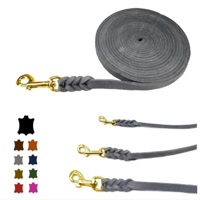 Leather Dog Leash/Long Line, Brass Clip, 15 m, 12 mm, Gray, No Handle
