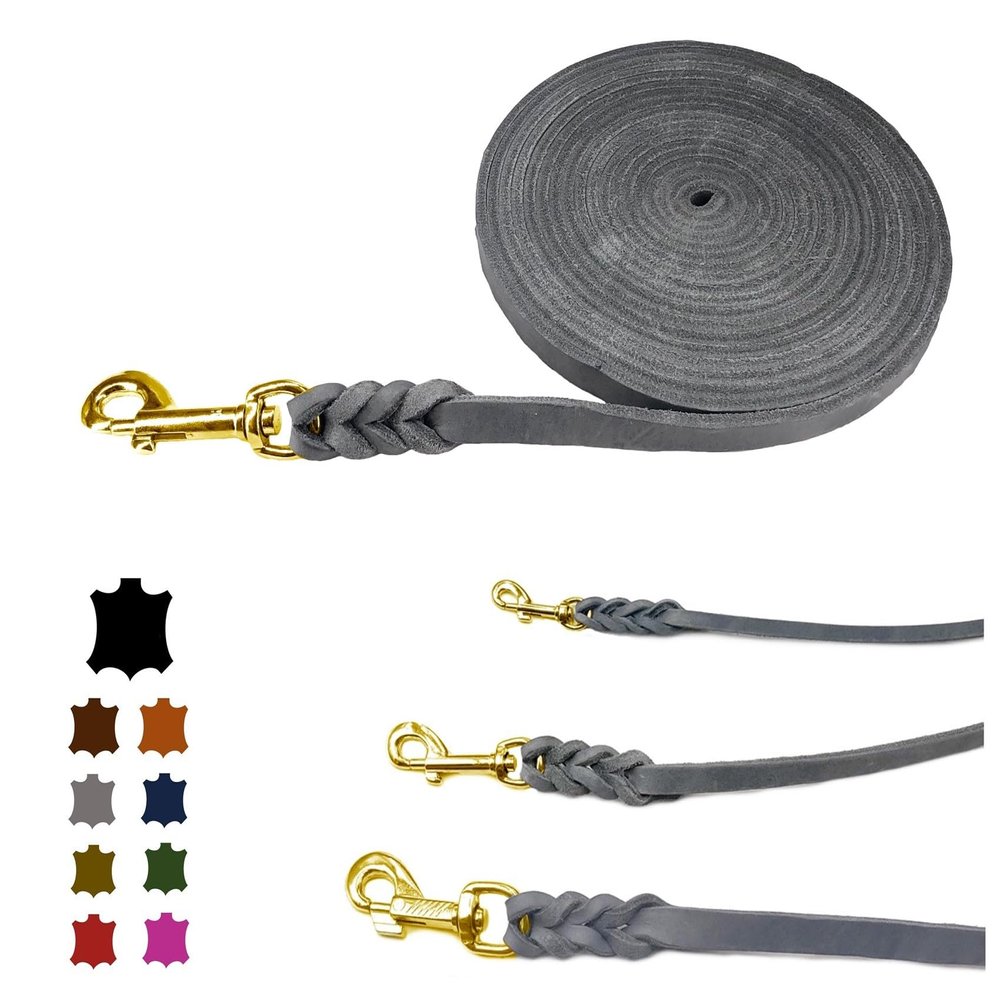 Leather Dog Leash/Long Line, Brass Clip, 15 m, 12 mm, Gray, No Handle