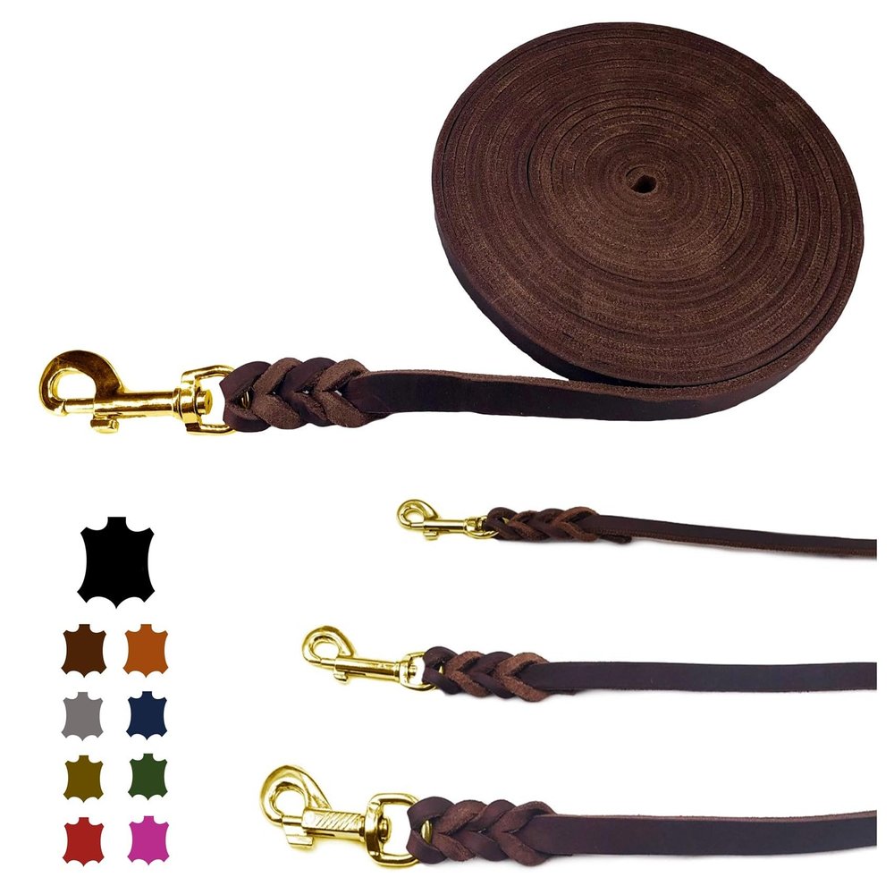 Leather Dog Leash/Long Line for Small & Large Dogs, 3 m, 12 mm, Brown with Hand Loop