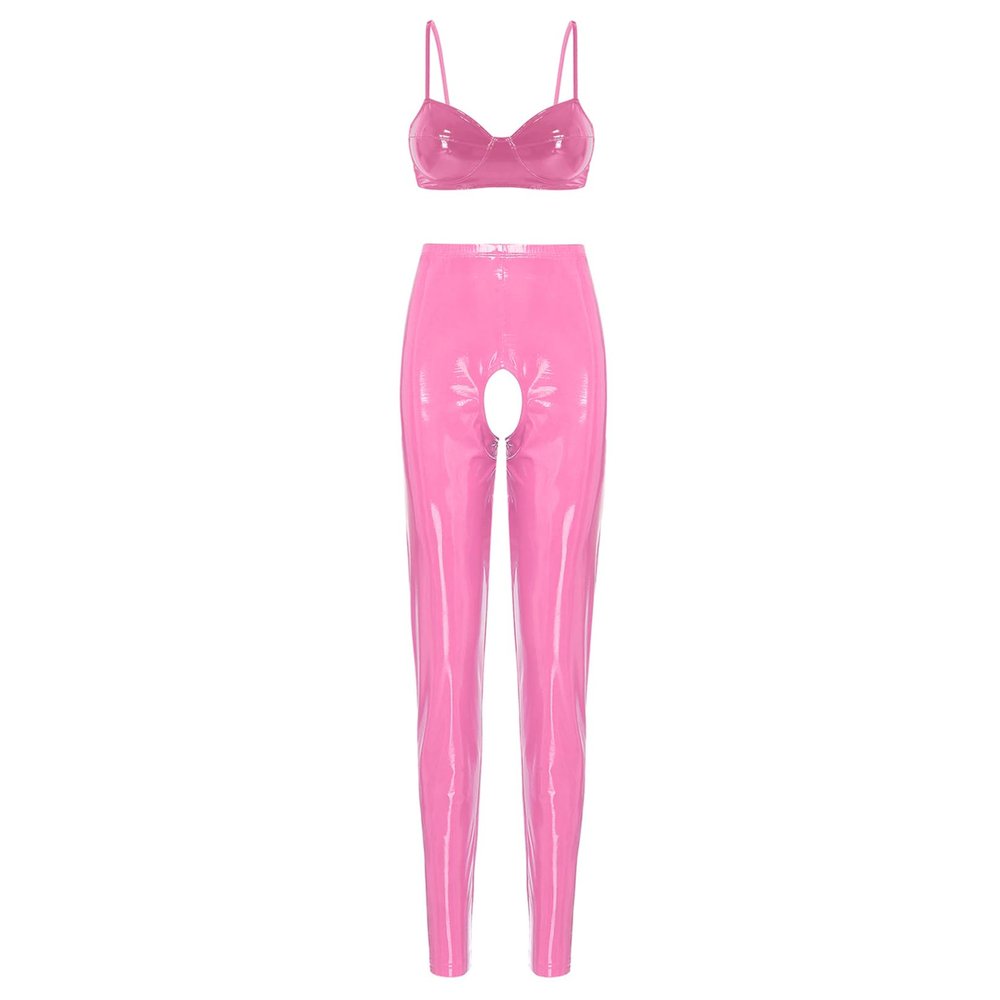 Jugaoge Women's Wetlook Crop Top and Open-Crotch Pants Patent Leather-Look Lingerie Set, Pink, M