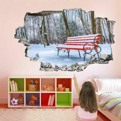 3D Wall Decal with Red Bench Through-the-Wall Design, Snow Scene, 120 x 80 cm