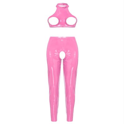 Freebily Women's Patent Leather Latex Lingerie Set with Open Crotch and Bust, Pink, M