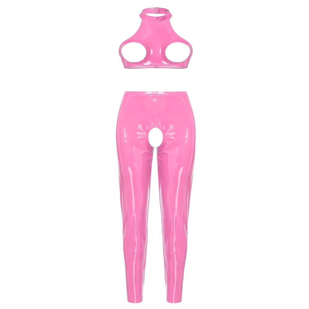 Freebily Women's Patent Leather Latex Lingerie Set with Open Crotch and Bust, Pink, M