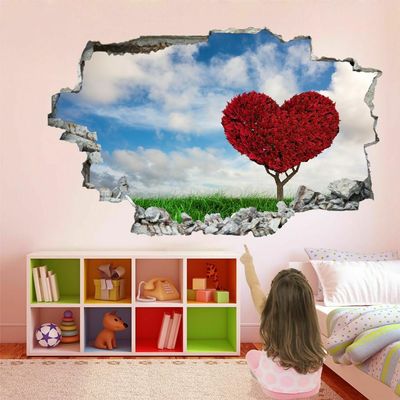 3D Wall Decal with Wall Opening, Love Tree, Green Grass and Sky Clouds