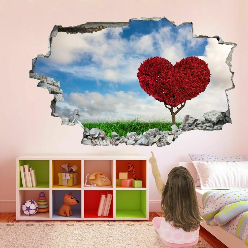 3D Wall Decal with Wall Opening, Love Tree, Green Grass and Sky Clouds