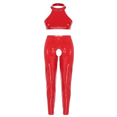 FEESHOW Women's Patent Leather Wetlook Lingerie Set, Red, M