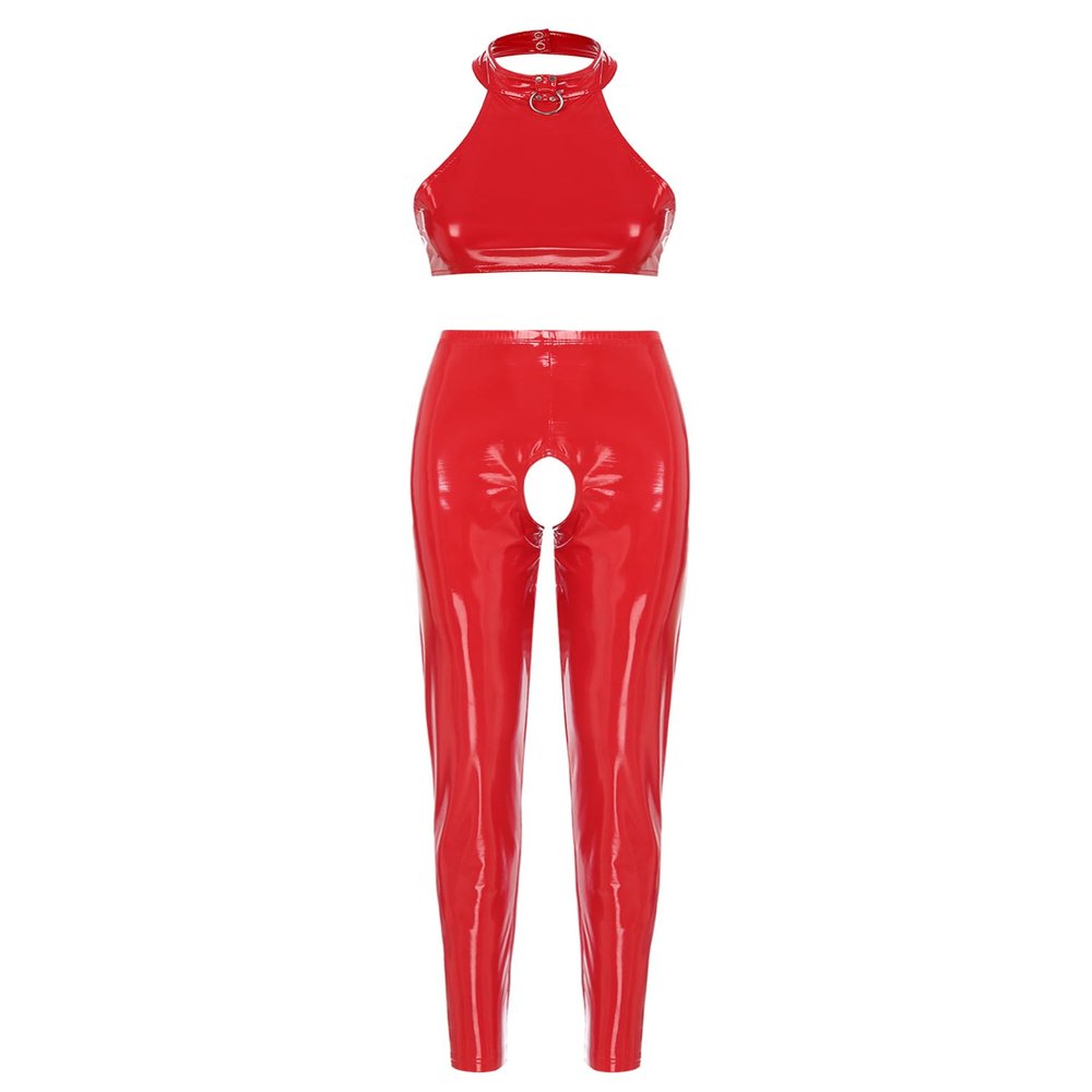 FEESHOW Women's Patent Leather Wetlook Lingerie Set, Red, M