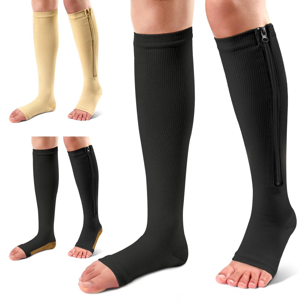 Ailaka 3-Pair Compression Socks with Zipper, 15–20 mmHg Knee-High Socks for Women and Men, Open-Toe, Breathable and Supportive, Black + Beige + Black Copper, L/XL