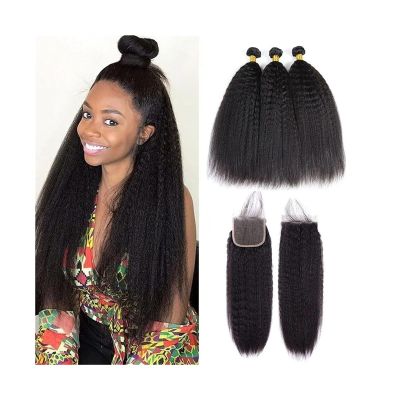 Human Hair Bundles, Kinky Straight with Closure, Brazilian Remy Yaki Extensions, Natural Black