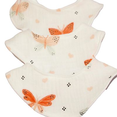 Baby Muslin Bandana Bibs, XS Size, Adjustable Triangle Bibs, Butterfly Design (3-Pack)