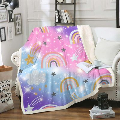 Homewish 150 x 200 cm Pink Glitter Rainbow Sherpa Blanket for Toddler Bed