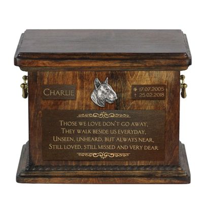 Art-Dog Pet Memorial Urn – Handmade 3D Bronze Bull Terrier Portrait on Birch Base, Custom Engraving, 8.3 x 11.4 x 8.7 in