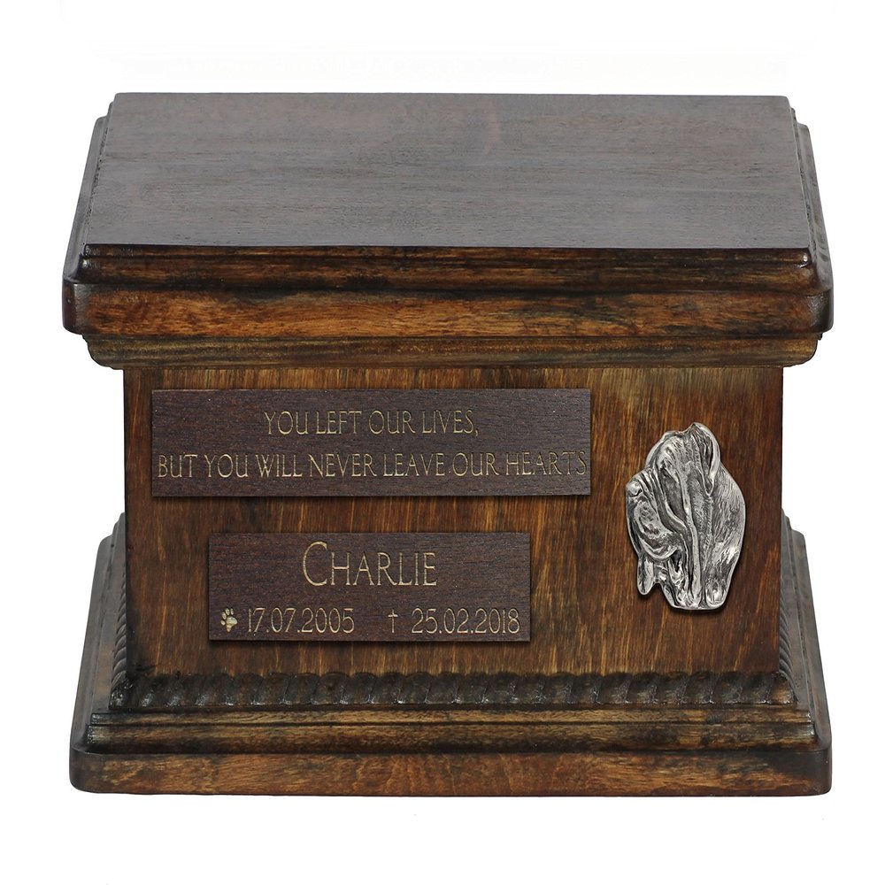 Art-Dog Custom Low Memorial Urn – Handmade Bronze Portrait on Birch Base – Personalized Dog Cremation Box – 8.3 x 11.4 x 4.3 in – Neapolitan Mastiff
