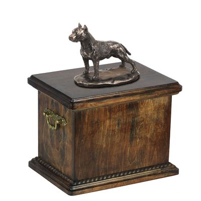 Art-Dog Custom Dog Sitting Statue Memorial Urn - Handcrafted Cold-Cast Bronze on Birch Base - Urn for Ashes - 29 x 21 x 38 cm - American Staffordshire Terrier (cropped)