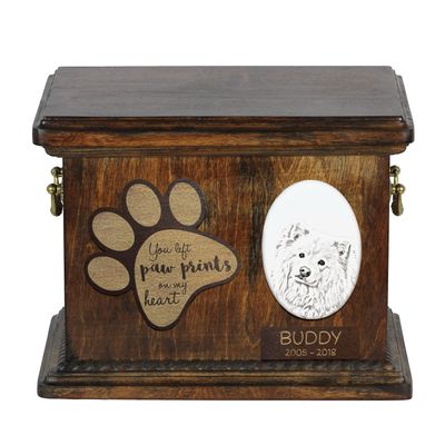 Art-Dog Custom Dog Memorial Urn - Handcrafted Bronze Portrait on Birch Base with Personalized Ceramic Plaque - Elegant Dog Cremation Urn - 8.3 x 11.4 x 8.7 in - Finnish Lapphund