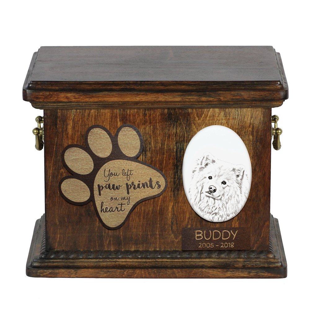 Art-Dog Custom Dog Memorial Urn - Handcrafted Bronze Portrait on Birch Base with Personalized Ceramic Plaque - Elegant Dog Cremation Urn - 8.3 x 11.4 x 8.7 in - Finnish Lapphund
