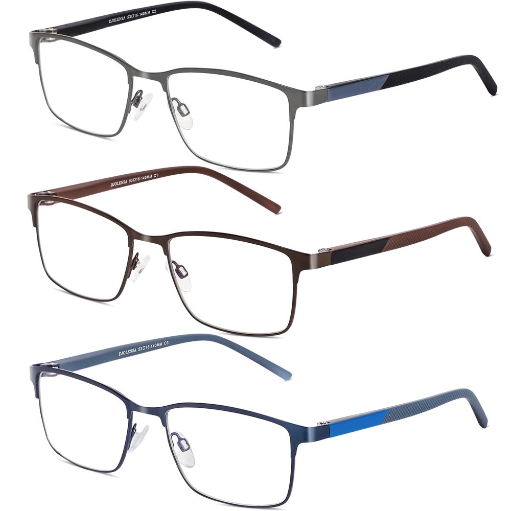 DJOLENSA 3-Pack Reading Glasses for Men, Blue-Light Blocking Computer Readers, Metal Frames with Spring Hinges & Cases, Helps Protect Against Eye Fatigue, Glare & UV Light (Strength +4.0)
