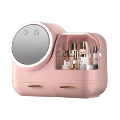 Makeup Organizer Box with LED Mirror and Fan, Large Cosmetic Storage Case
