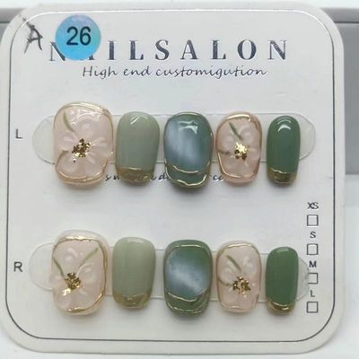 3D Flower Long Press-On Artificial Nails, Nude Glitter, Full Coverage (Size S)