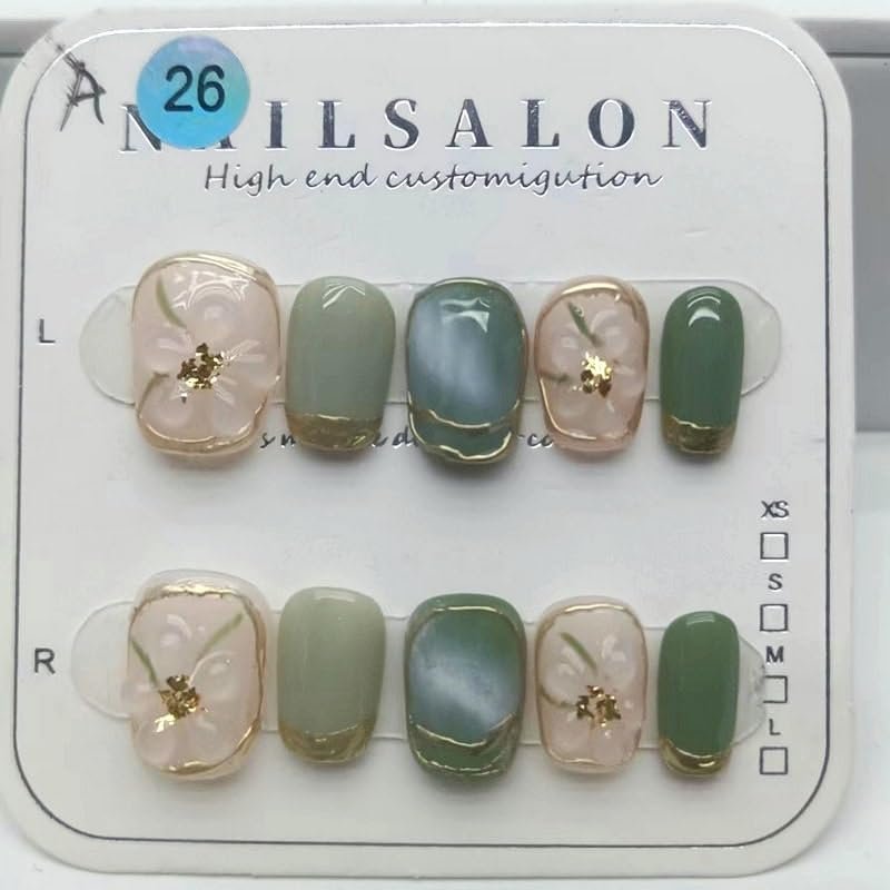 3D Flower Long Press-On Artificial Nails, Nude Glitter, Full Coverage (Size S)