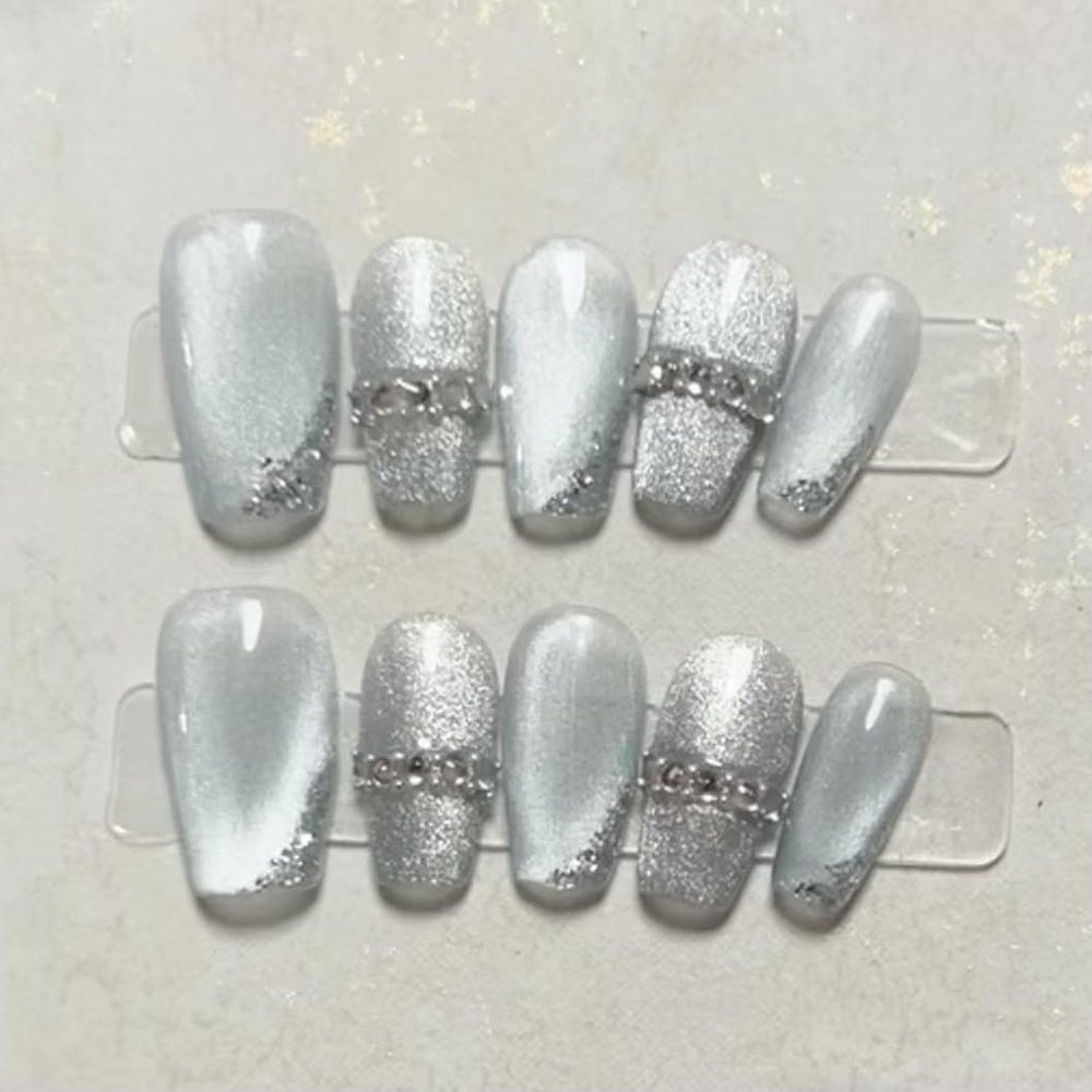 Long Luxury Press-On Nails, Full-Coverage Glitter Tips, Purple Cat-Eye, Size M