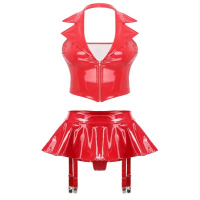 TiaoBug Women's Wetlook Tank Crop Top and Glossy Faux Leather Mini Skirt Set, Red, L