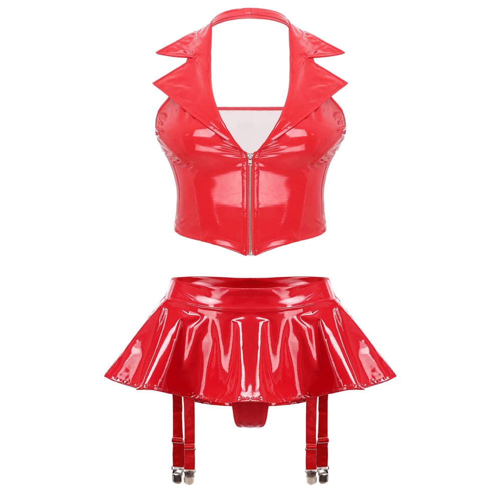 TiaoBug Women's Wetlook Tank Crop Top and Glossy Faux Leather Mini Skirt Set, Red, L