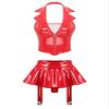 TiaoBug Women's Wetlook Tank Crop Top and Glossy Faux Leather Mini Skirt Set, Red, L view 1