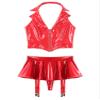 TiaoBug Women's Wetlook Tank Crop Top and Glossy Faux Leather Mini Skirt Set, Red, L view 4