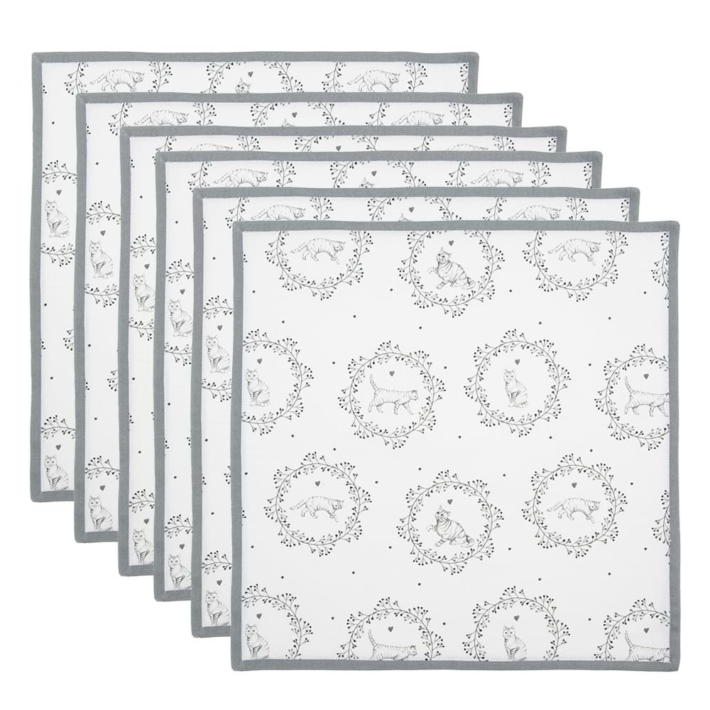 Clayre & Eef Cotton Napkin Set, Cat Pattern, 40 x 40 cm, White/Gray, LGC43