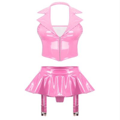 TiaoBug Women's Wet-Look Crop Top and Patent-Leather Mini Skirt Set, Pink, XXL